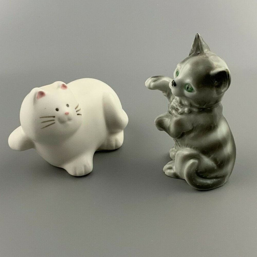 Vintage White Grey Striped Tabby Cat Figurines